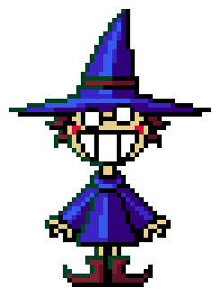 Pixel-art drawing of a small cartoon wizard character standing.