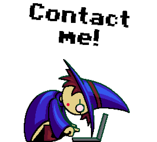 A little wizard guy typing away at his laptop, with a speech-bubble saying 'Contact Me!'.